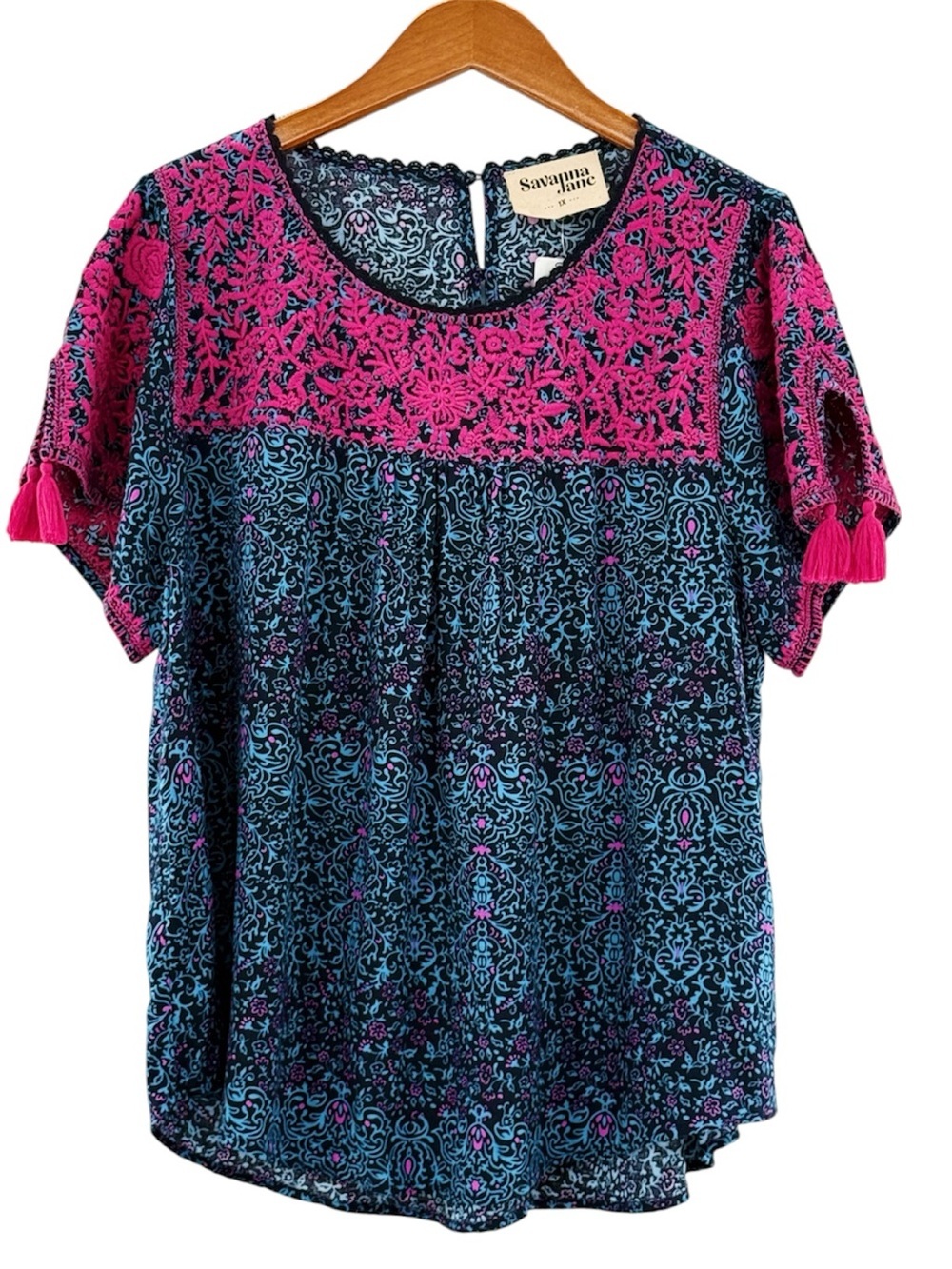 Savanna Jane 1X Embroidered Boho Tassel Top Floral Tunic Peasant Festival Pink